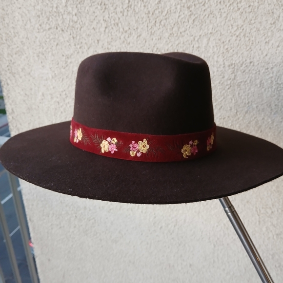 Women's WYETH Frida Kahlo Brown WOOL Wide Brim FEDORA HAT Floral Band BOHO Ranch - Picture 9 of 10